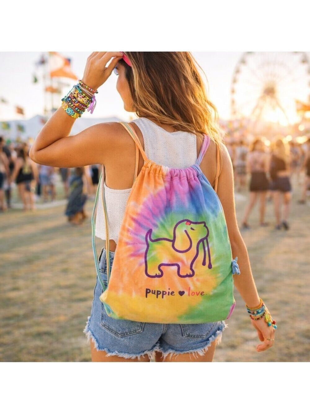 🎒 Puppie Love Tie Dye Drawstring Backpack – Rainbow Cotton Cinch Sack